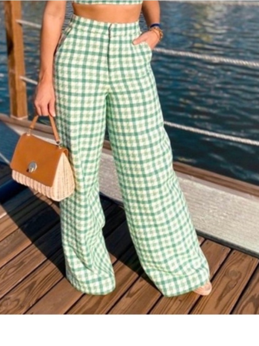 High-Waist tweed Green Gingham Wide-Leg Pants